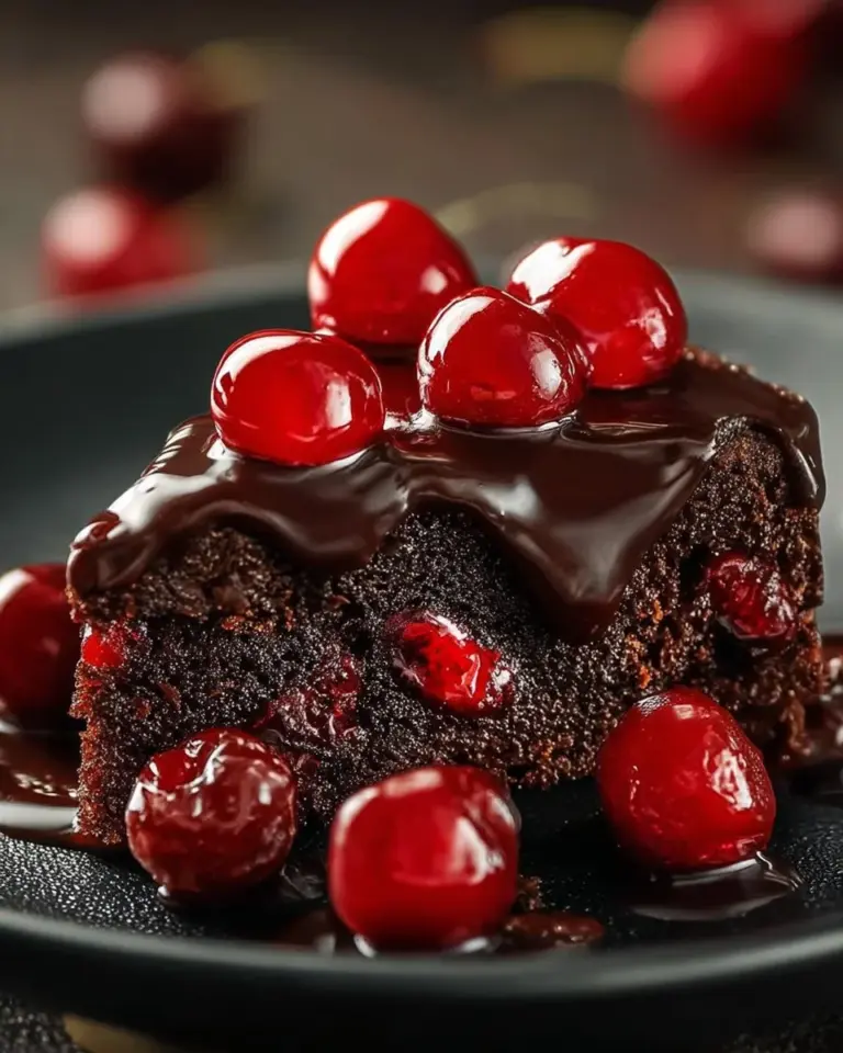 Delicious Chocolate Cherry Upside Down Cake served on a rustic plate