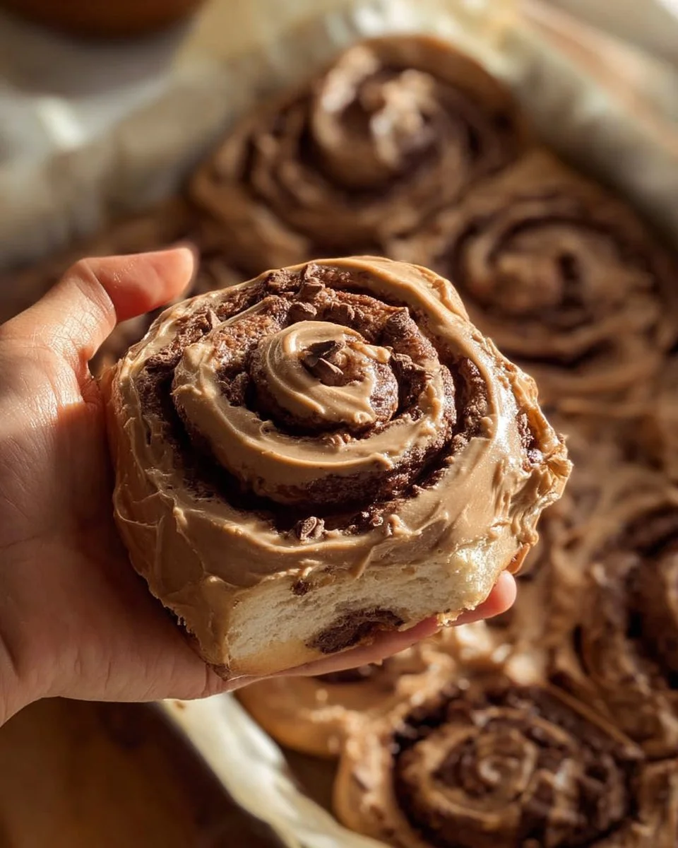Delicious chocolate cinnamon rolls topped with icing and sprinkled with cinnamon