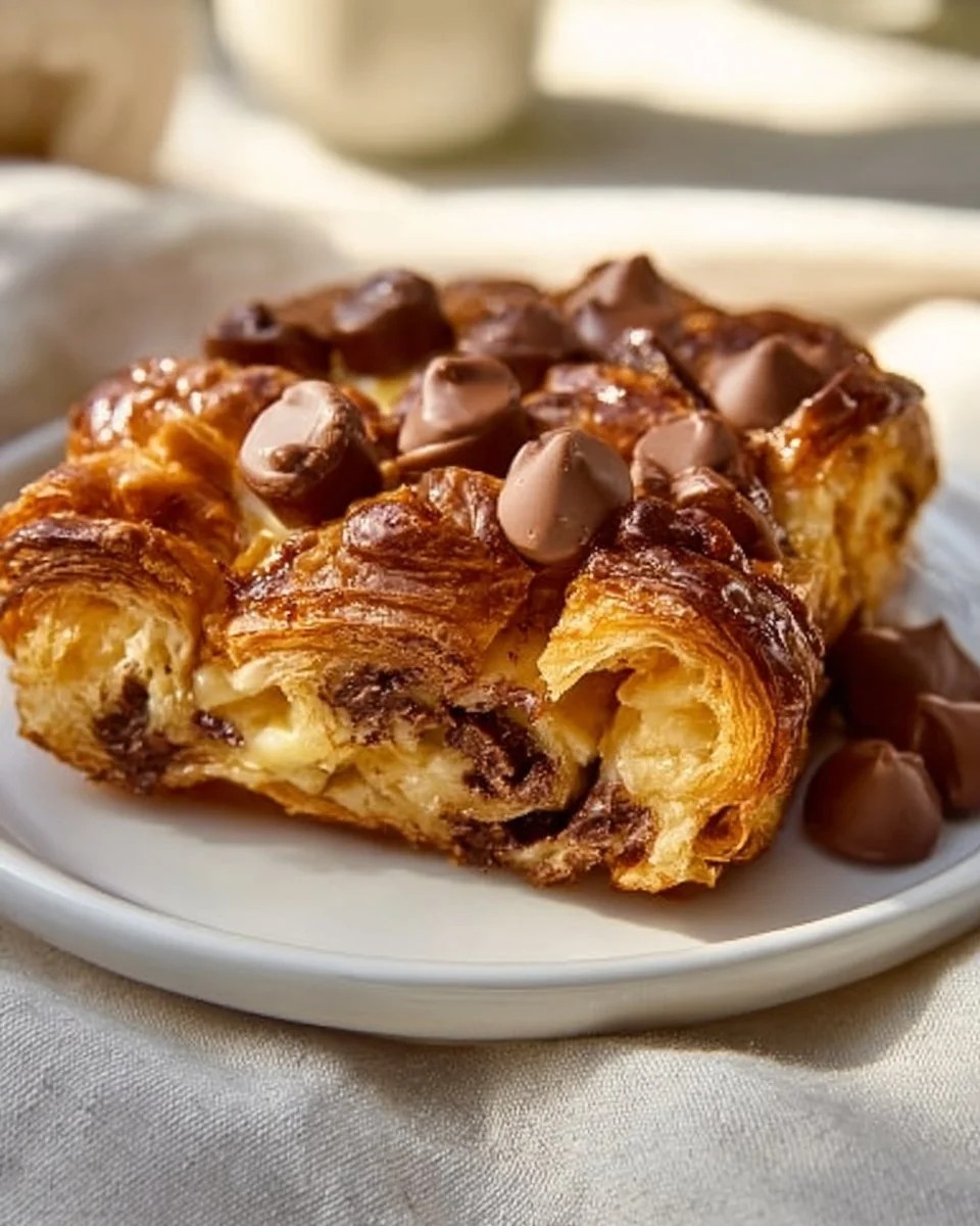 Delicious Chocolate Croissant Breakfast Bake with melted chocolate and flaky layers