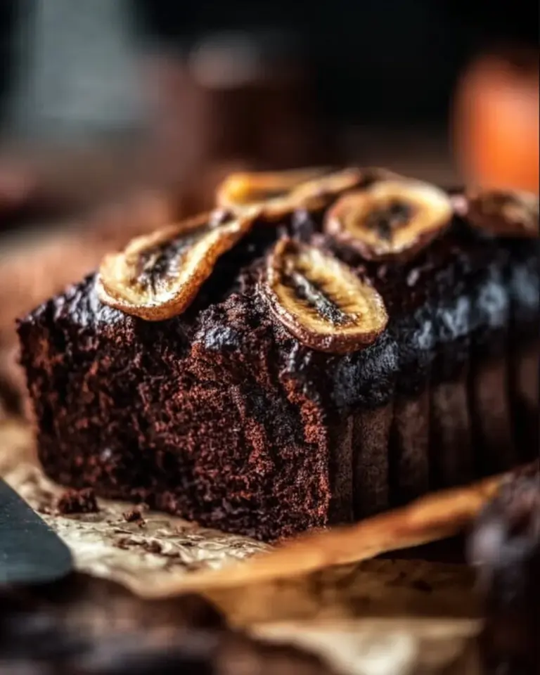 Delicious slice of chocolate espresso banana bread on a wooden table