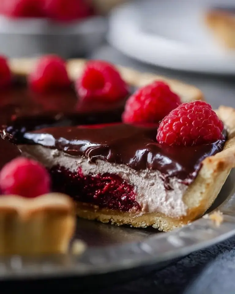 Decadent Chocolate Raspberry Cream Pie garnished with fresh raspberries