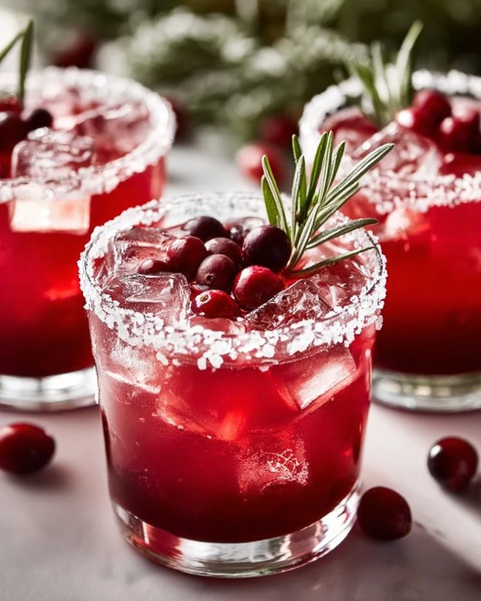 Christmas Cranberry Margarita cocktail garnished with cranberries and a lime wedge