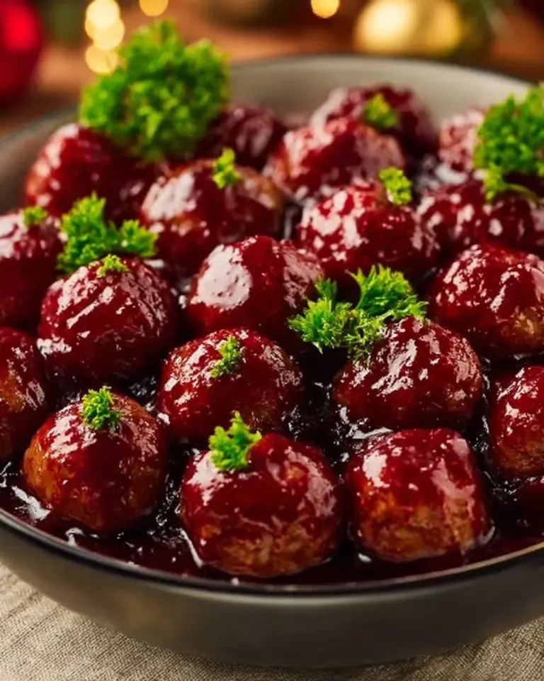 Plate of Christmas cranberry meatballs garnished with herbs