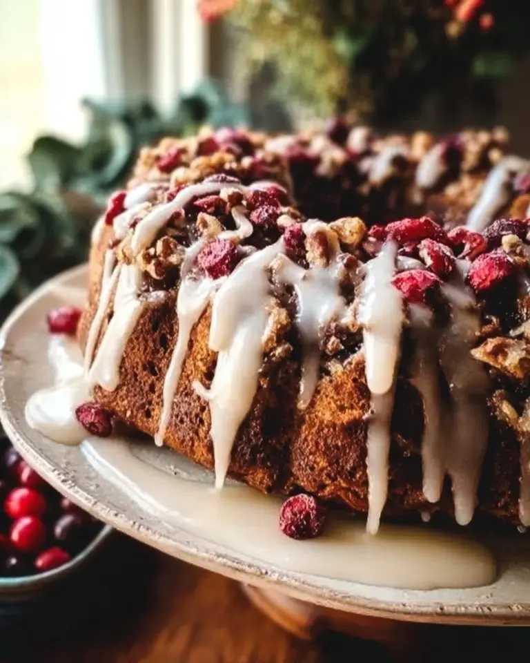 Slice of Christmas Cranberry Pecan Coffee Cake on a festive plate