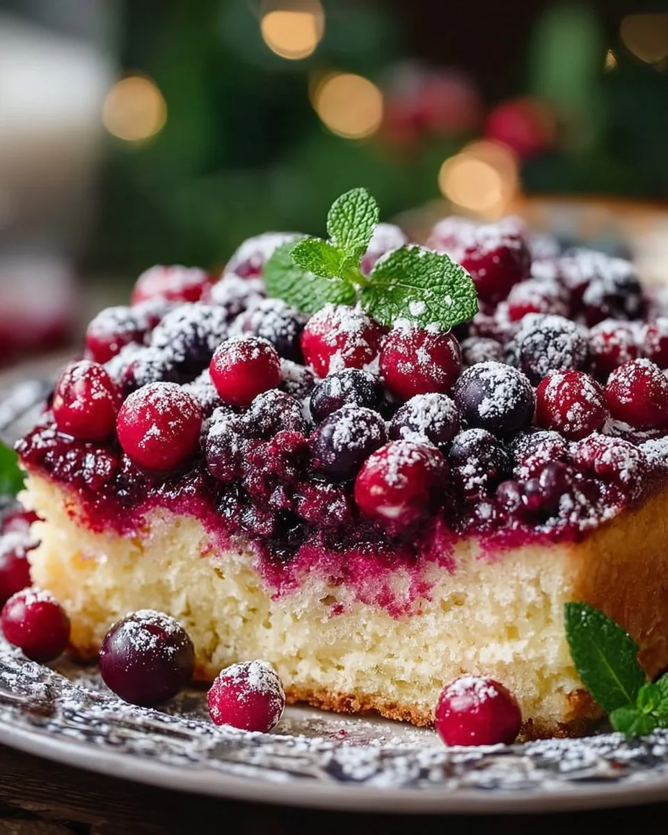 A delicious Christmas Cranberry Poke Cake topped with whipped cream and cranberries.