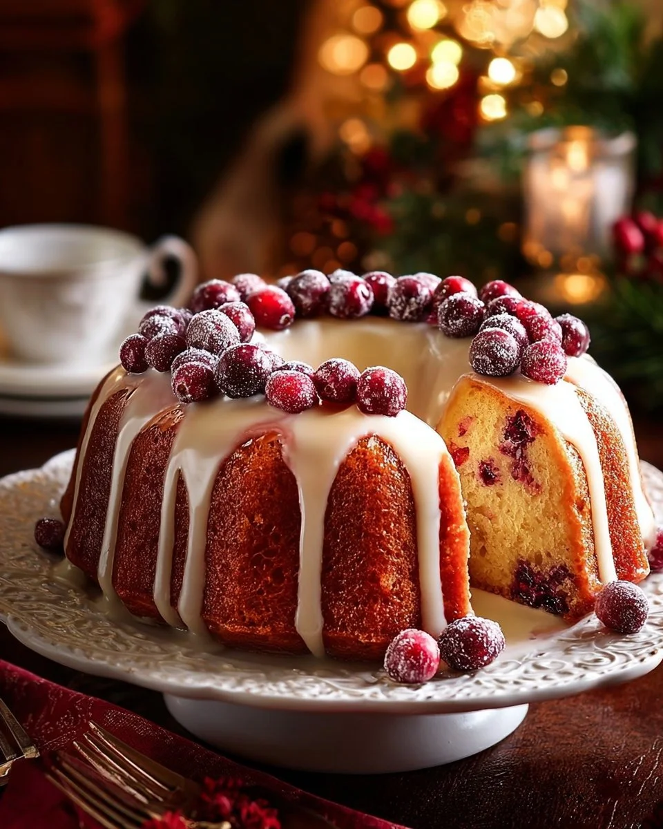 Christmas Cranberry Pound Cake with a festive presentation and cranberries on top