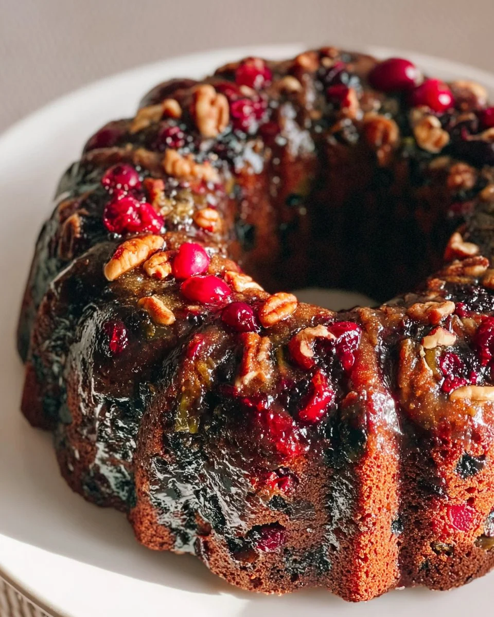 Delicious Christmas Fruit Bundt Cake decorated with festive fruits and icing.