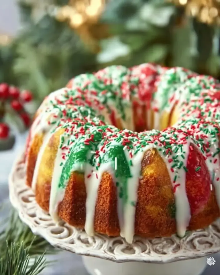 Slice of Christmas Funfetti Bundt Cake topped with colorful sprinkles