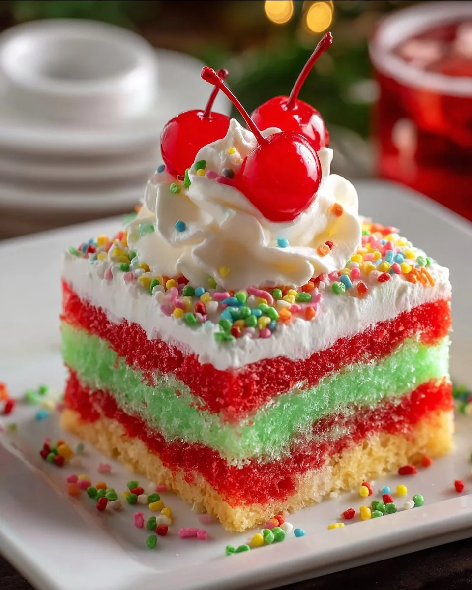 Festive Christmas Jello Poke Cake topped with whipped cream and berries