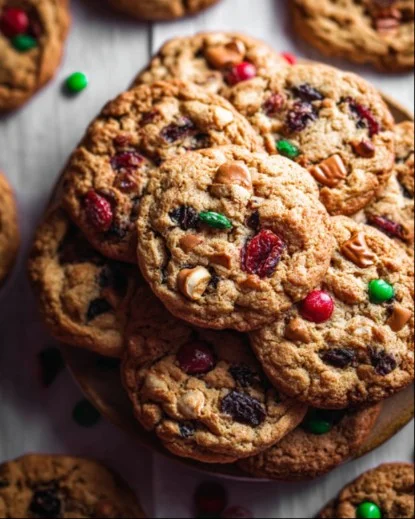 Batch of Christmas kitchen sink cookies with colorful toppings and sprinkles
