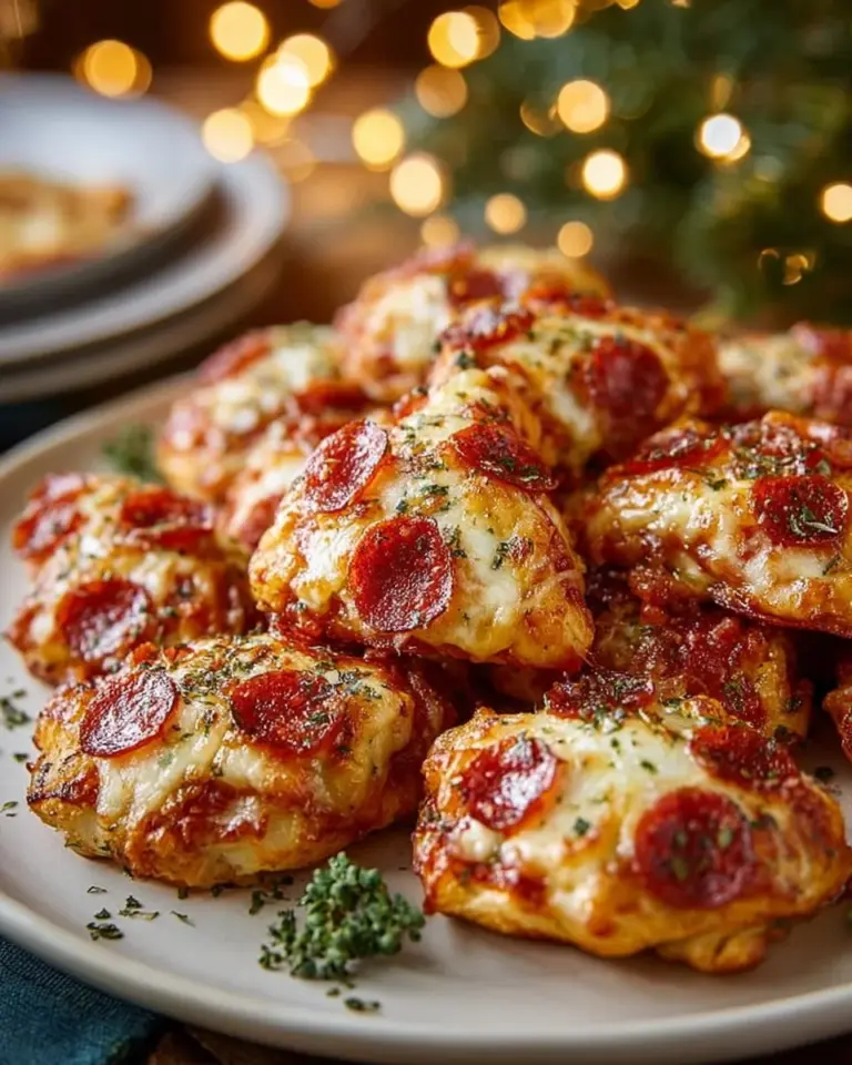 Delicious Christmas pizza bites topped with festive ingredients for holiday parties