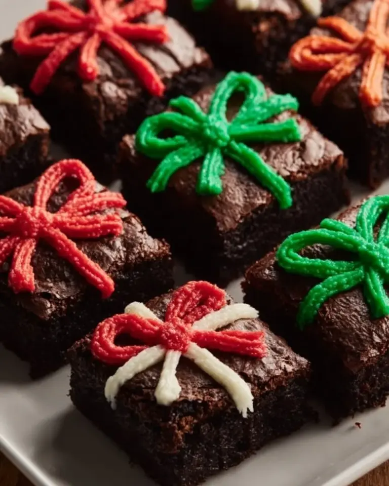 Deliciously decorated Christmas Present Brownies for holiday celebrations