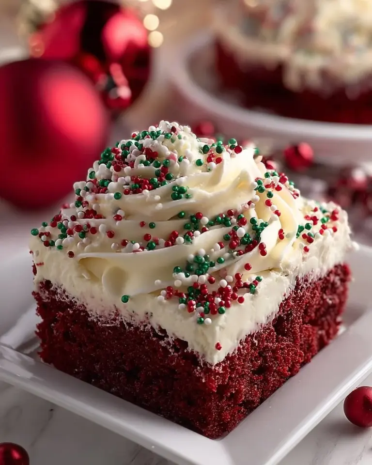 Slice of Christmas Red Velvet Poke Cake topped with whipped cream and red sprinkles.
