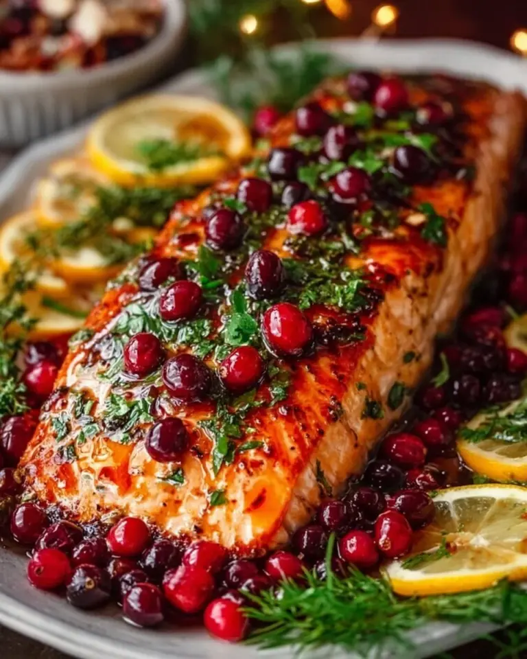 A beautifully plated Christmas Salmon with festive garnishes and decorations.