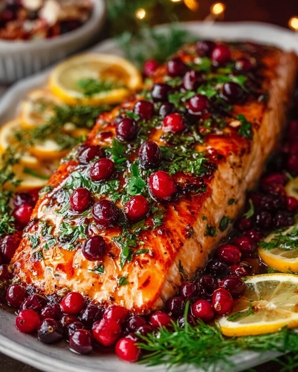 A beautifully plated Christmas Salmon with festive garnishes and decorations.
