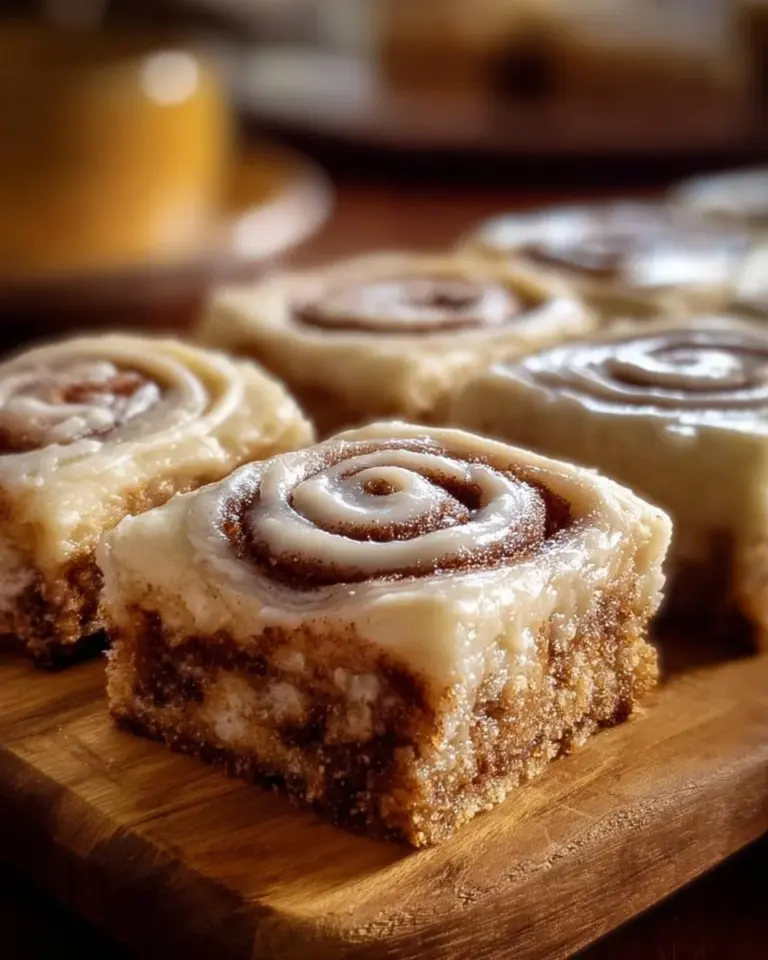 Delicious Cinnamon Roll Bliss Bars topped with icing and cinnamon sugar.