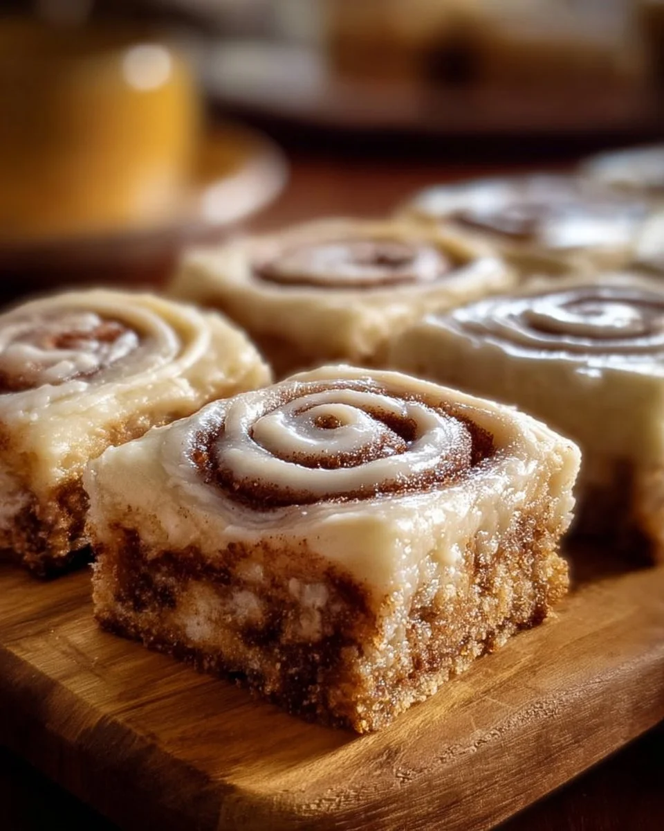 Delicious Cinnamon Roll Bliss Bars topped with icing and cinnamon sugar.