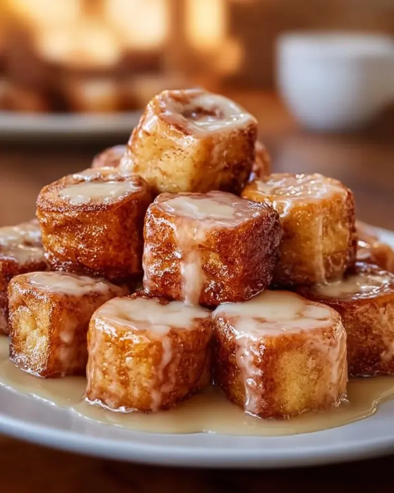 Cinnamon Roll French Toast Bites served on a plate with syrup and powdered sugar