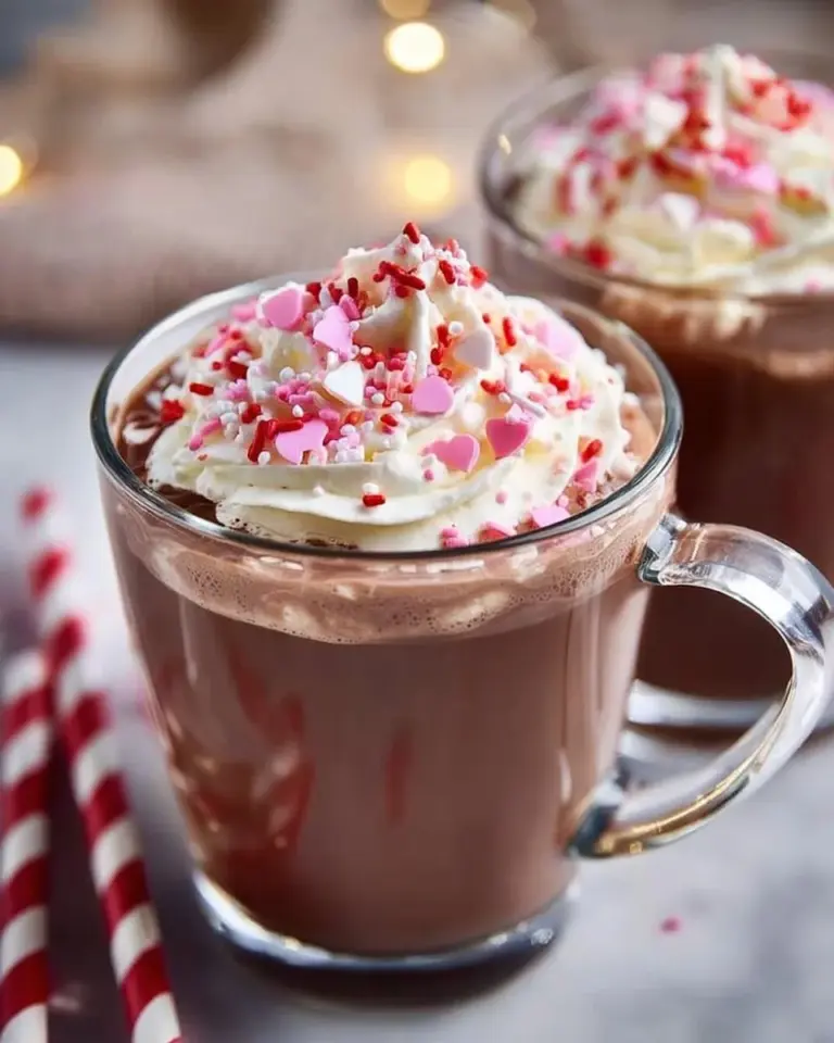 A mug of cinnamon roll hot chocolate topped with whipped cream and cinnamon sticks
