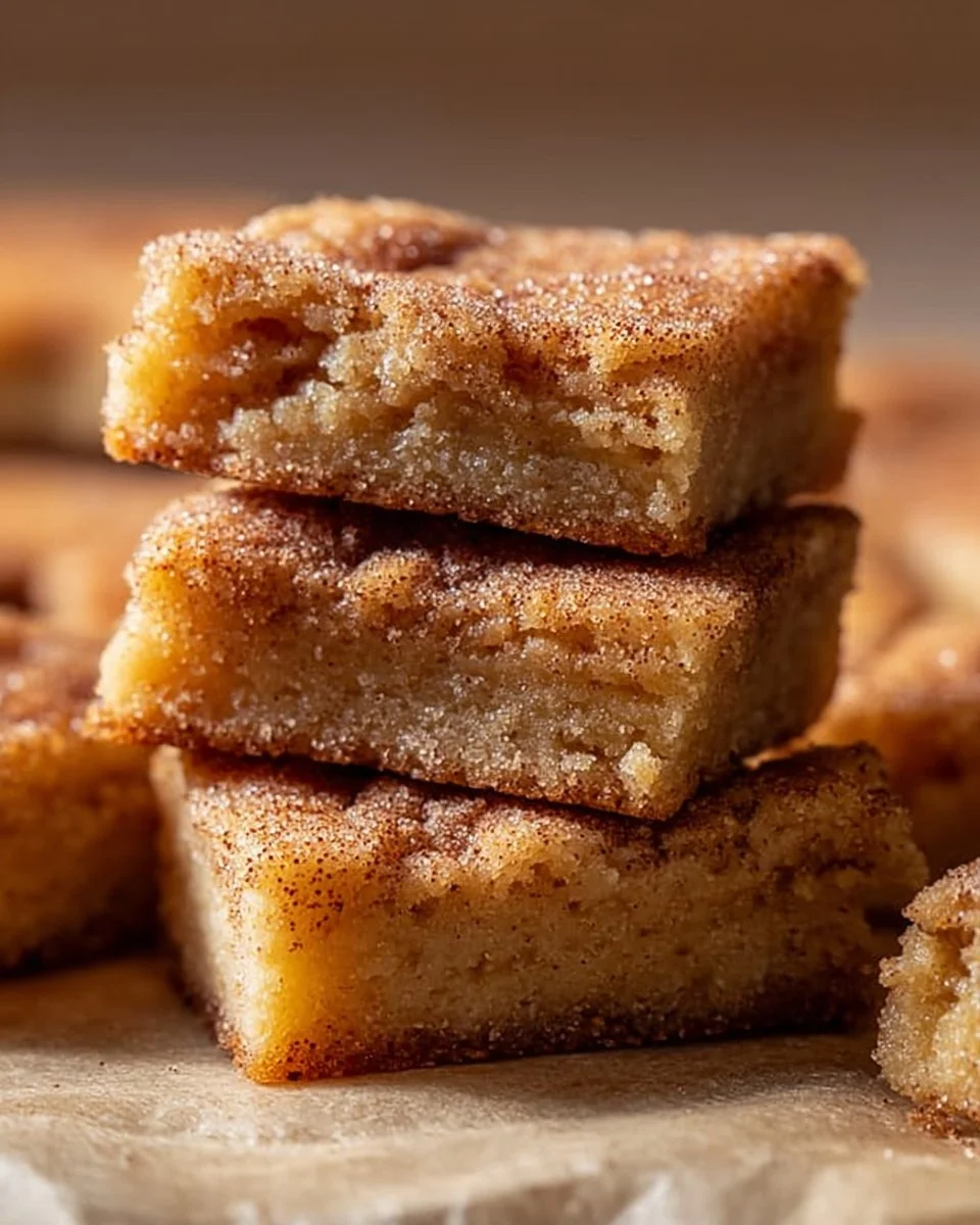 Delicious cinnamon sugar blondies topped with cinnamon and sugar.