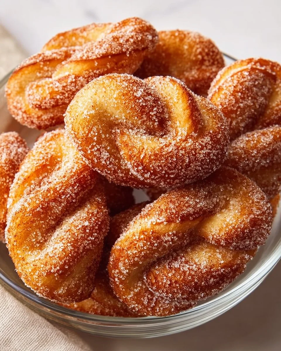Freshly baked cinnamon sugar twist donuts on a plate