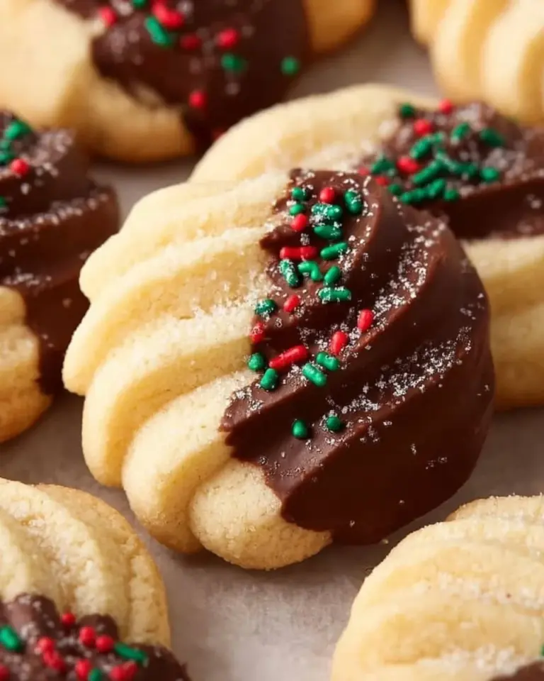 Delicious classic chocolate dipped butter cookies on a festive plate for Christmas