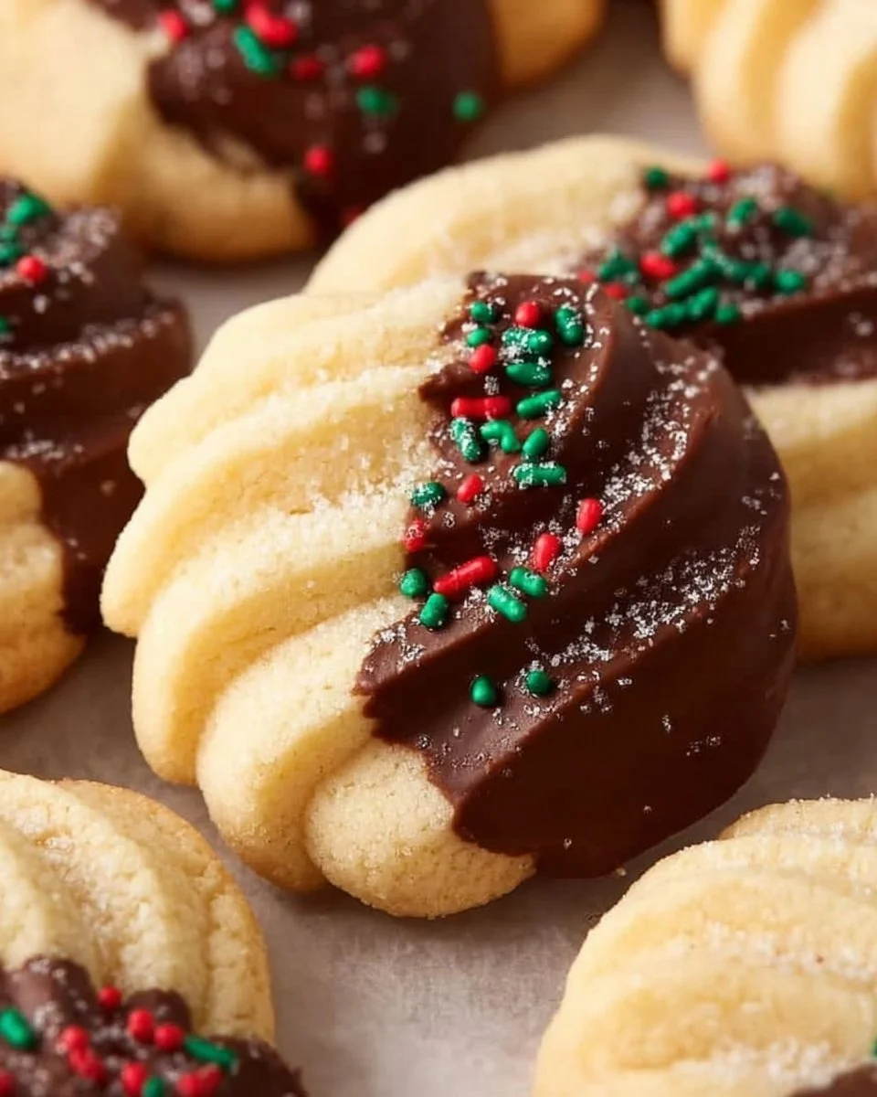 Delicious classic chocolate dipped butter cookies on a festive plate for Christmas