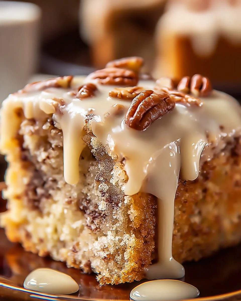 Classic Praline Pecan Cake topped with caramelized pecans and a rich frosting.