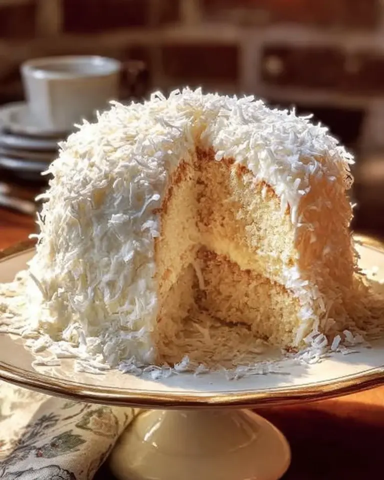 Deliciously moist coconut cake topped with shredded coconut and frosting