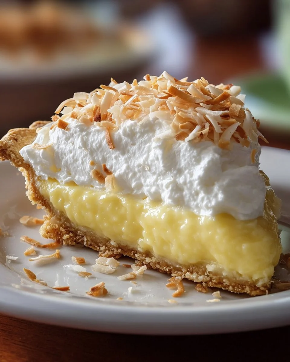 Delicious homemade Coconut Cream Pie topped with whipped cream and toasted coconut flakes.
