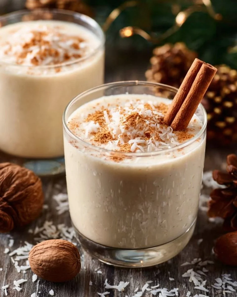 Delicious homemade Coquito, a traditional Puerto Rican coconut drink in a festive setting.