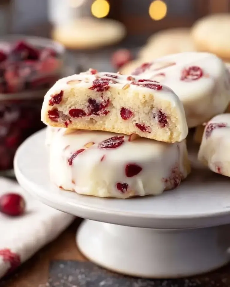 Cranberry Almond Shortbread Cookies on a plate, garnished with almonds and cranberries