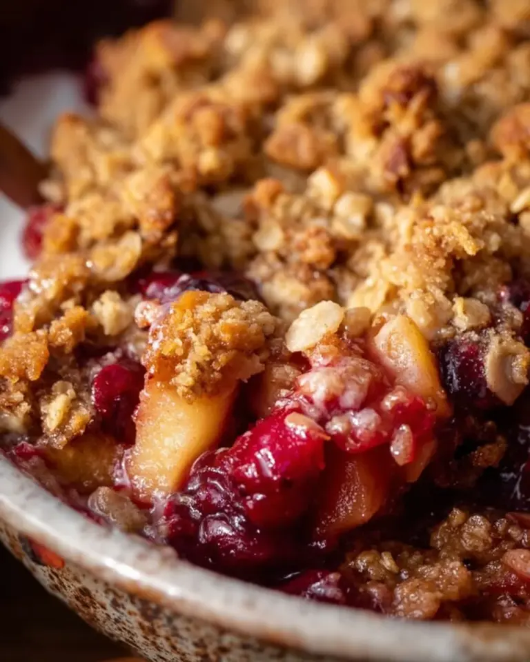 Delicious Cranberry Apple Crisp served in a baking dish with a crumbly topping