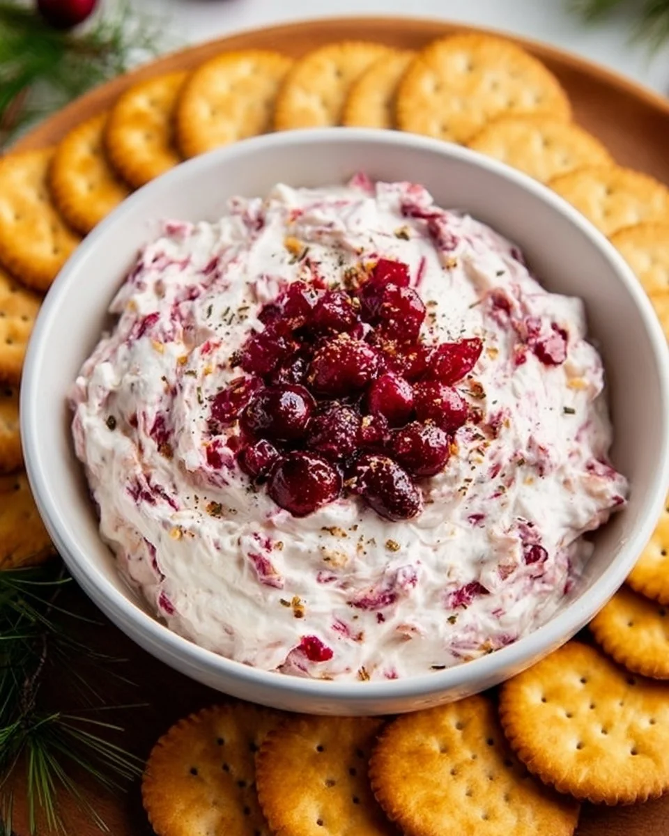 Cranberry Cream Cheese Dip served with crackers and fresh herbs
