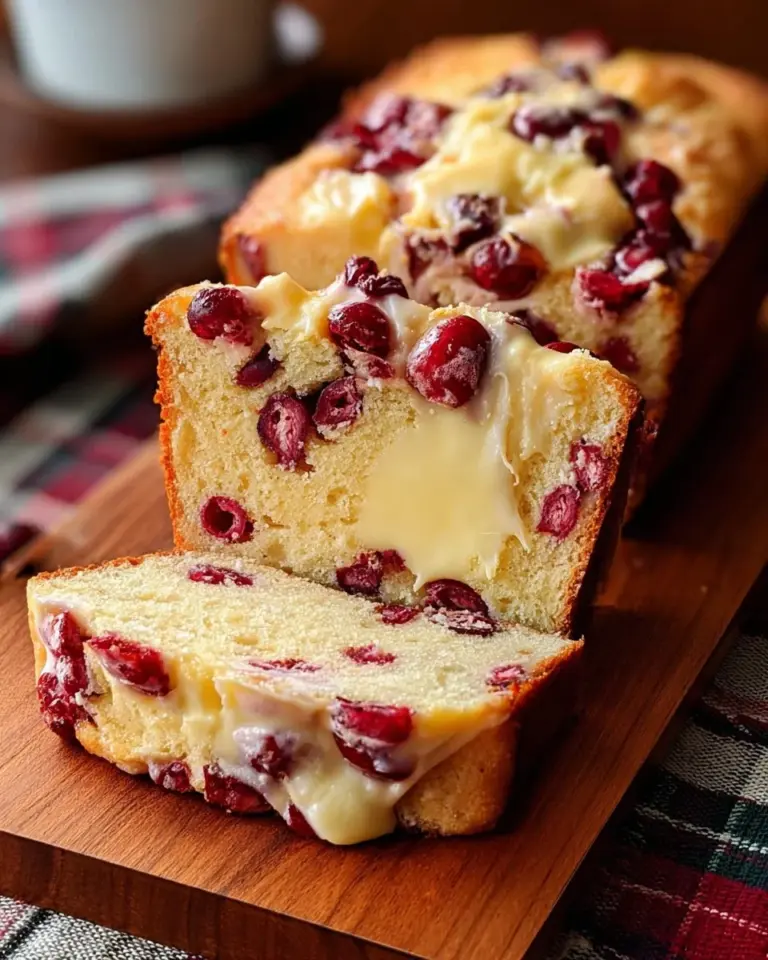 Sliced Cranberry Cream Cheese Pound Cake served on a rustic plate