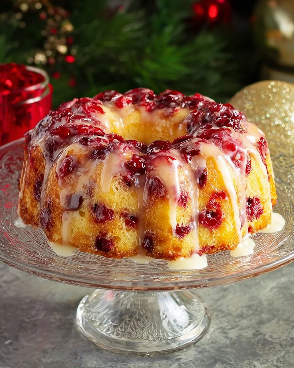 Cranberry Orange Bundt Cake topped with a glaze on a rustic wooden table