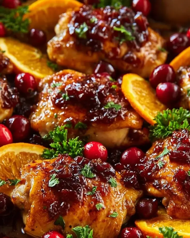 Savory Cranberry Orange Chicken garnished with fresh herbs
