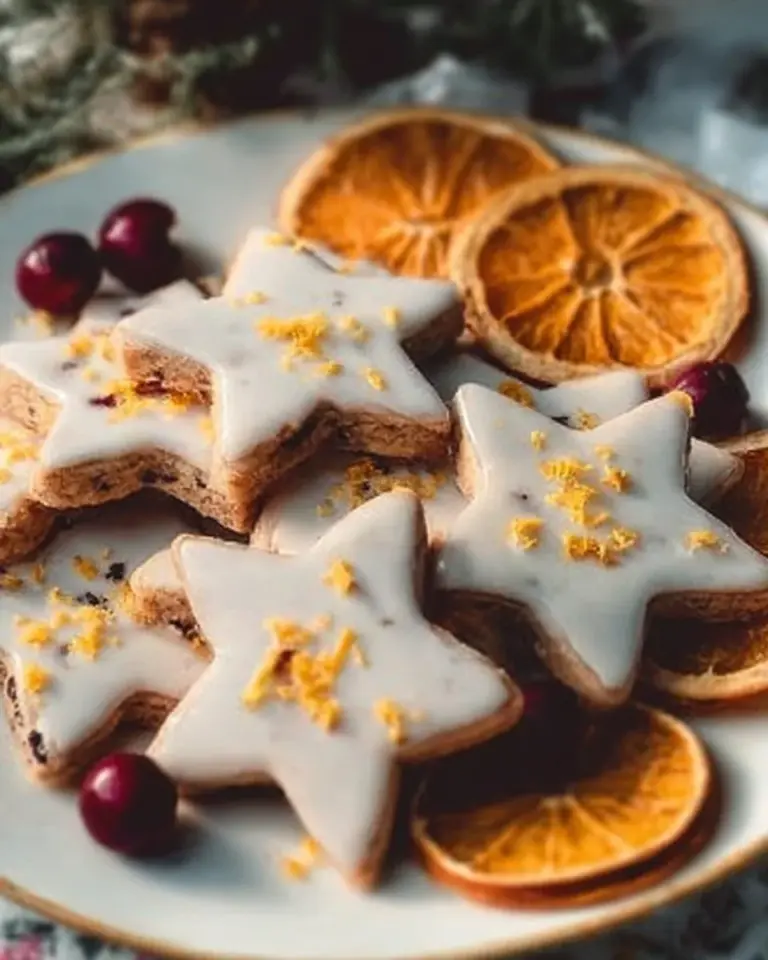 Cranberry Orange Shortbread Cookies on a plate with festive decorations