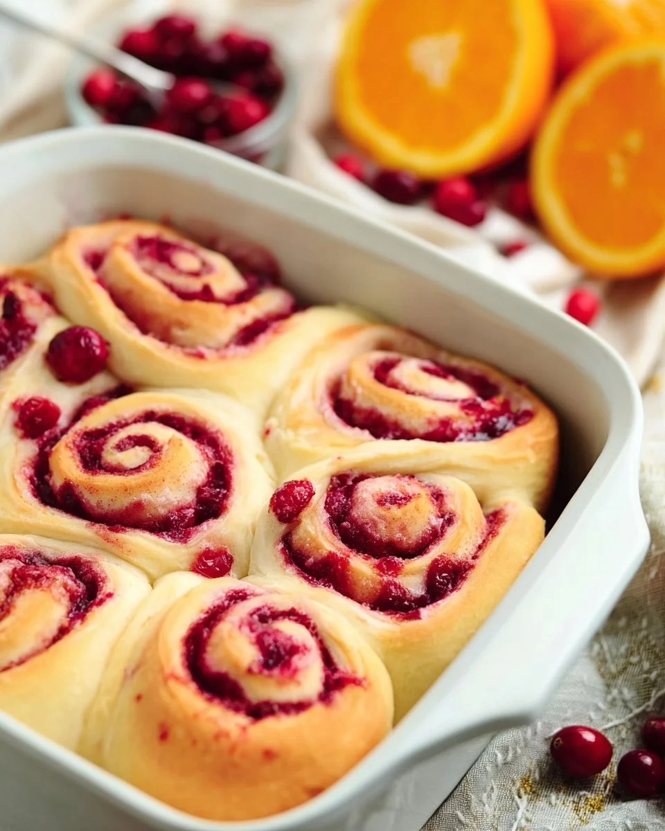 Freshly baked cranberry orange sweet rolls drizzled with glaze.