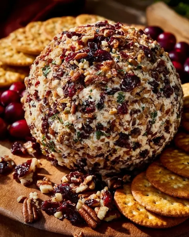 Cranberry Pecan Cheese Ball garnished with nuts and herbs