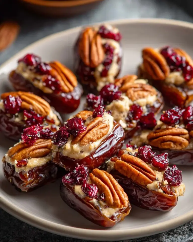 Cranberry pecan cream cheese stuffed dates on a serving platter