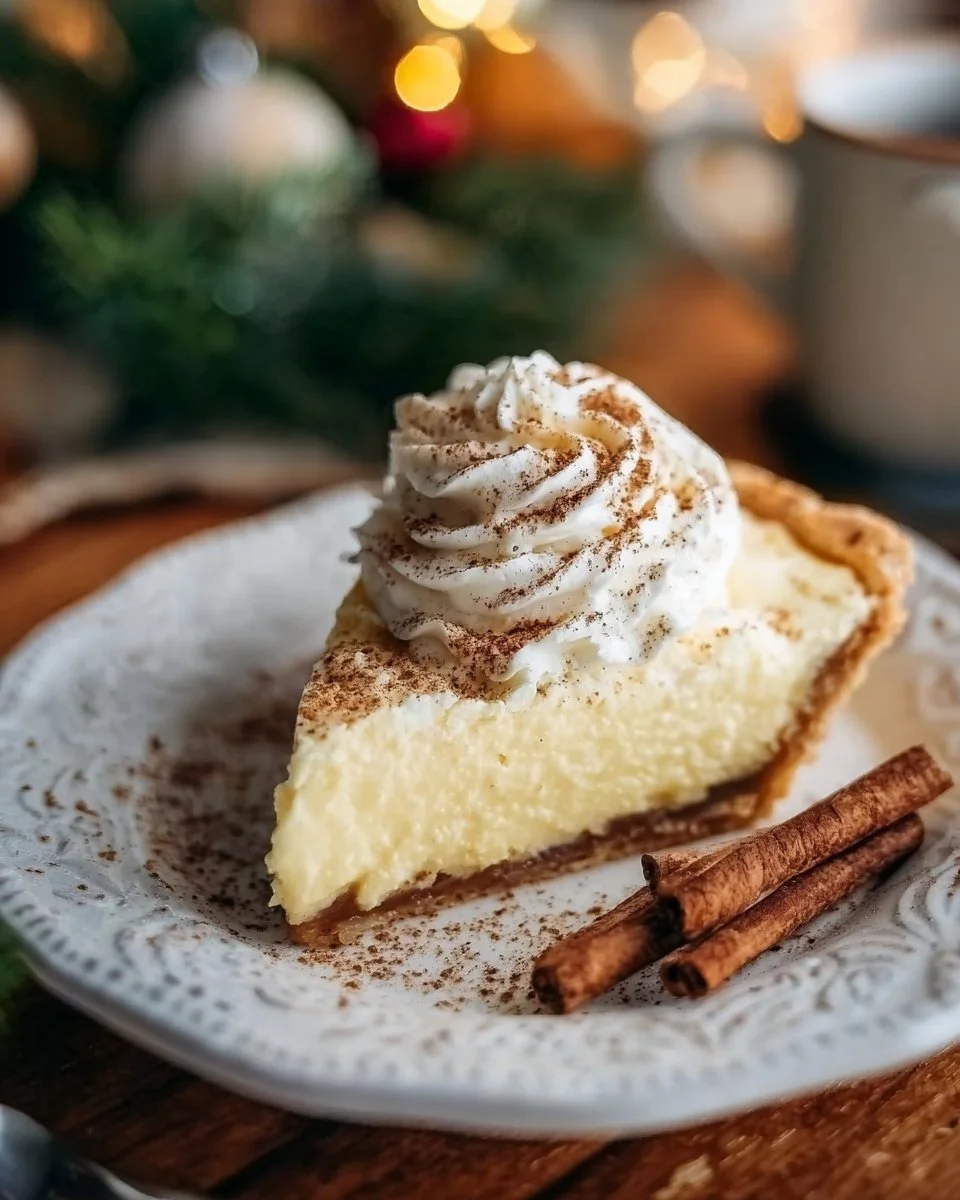 Creamy Christmas Eve Cinnamon-Vanilla Custard Pie served on a festive table