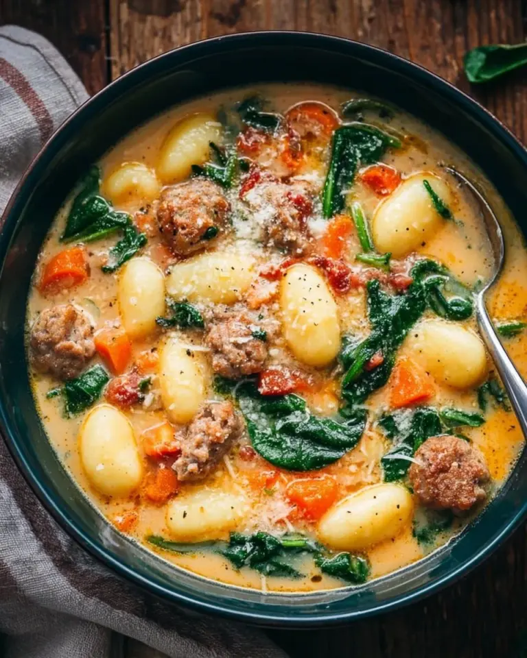 Creamy Italian sausage gnocchi soup in a bowl with fresh herbs and bread