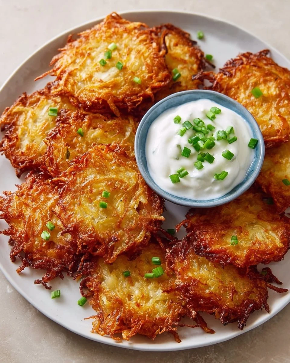 Crispy potato latkes served with applesauce and sour cream
