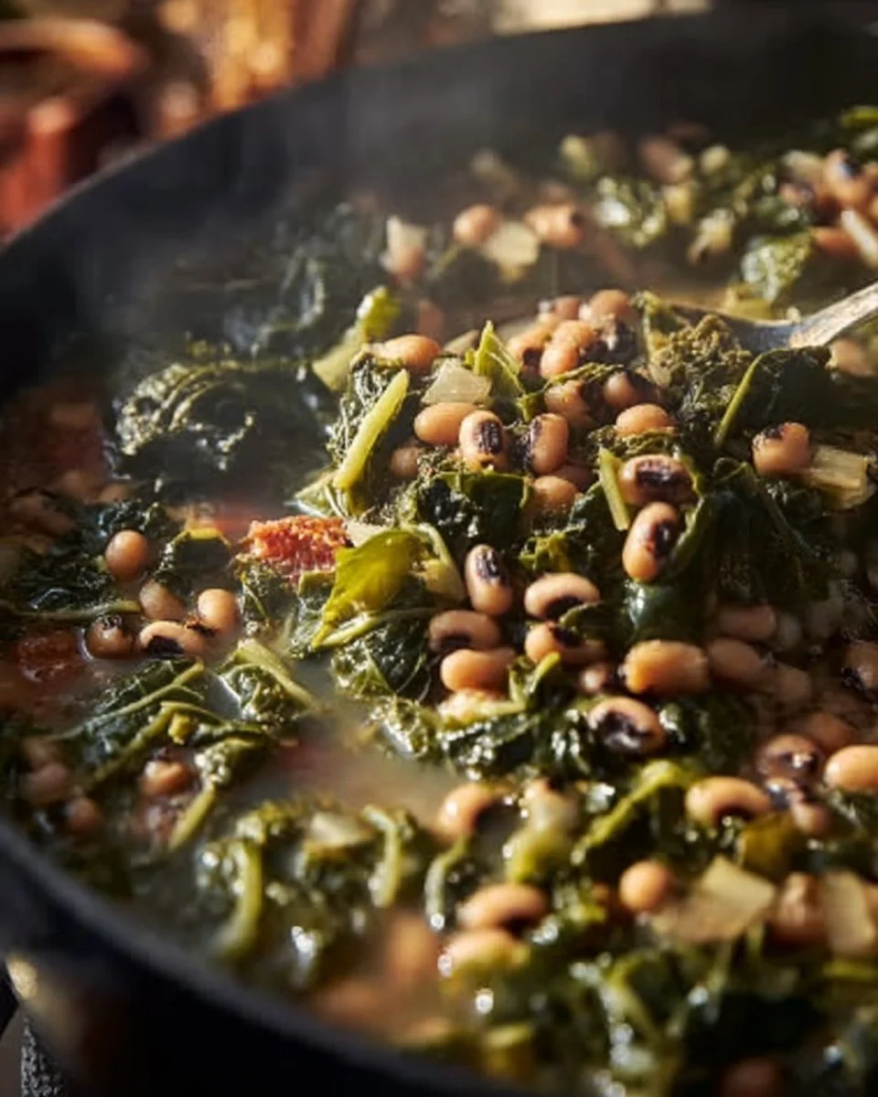 Crockpot dish of black-eyed peas and collard greens served in a bowl.