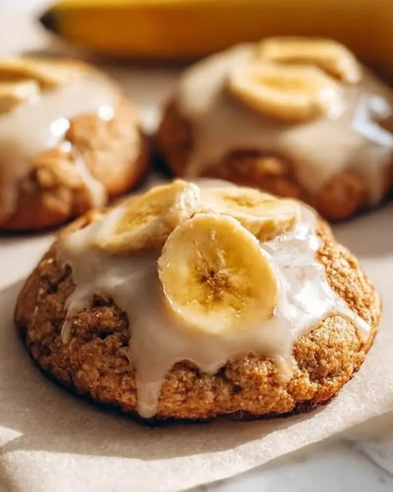 Delicious Crumbl banana bread cookies with cream cheese glaze on a plate