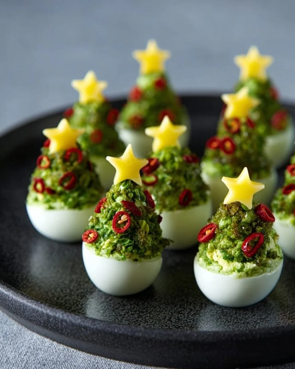 A decorative platter of deviled egg Christmas trees for holiday celebrations.