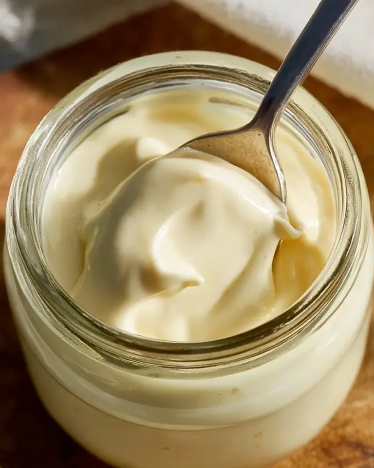 Homemade mayonnaise made from fresh ingredients in a glass container.