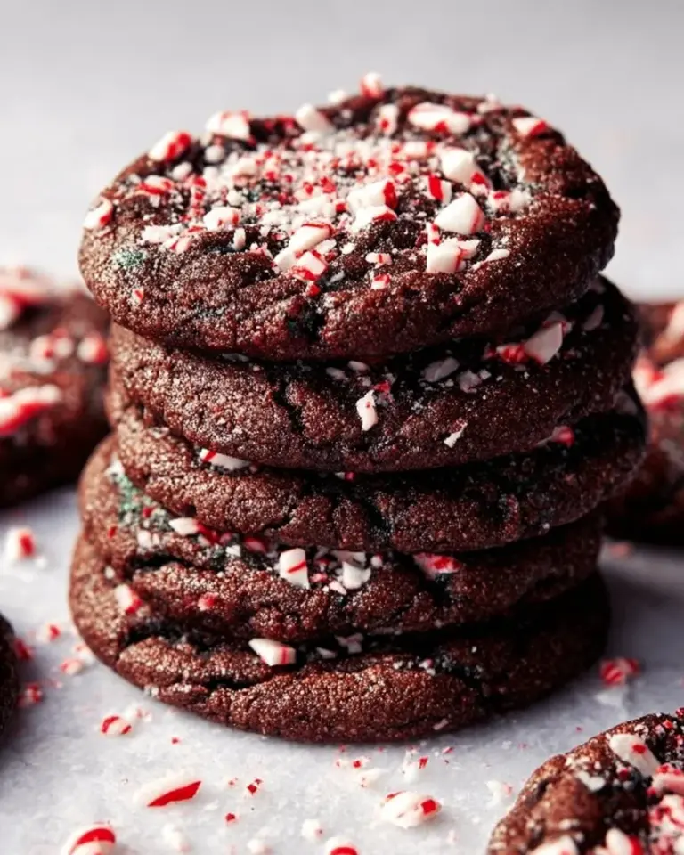 Batch of double chocolate peppermint cookies on a cooling rack