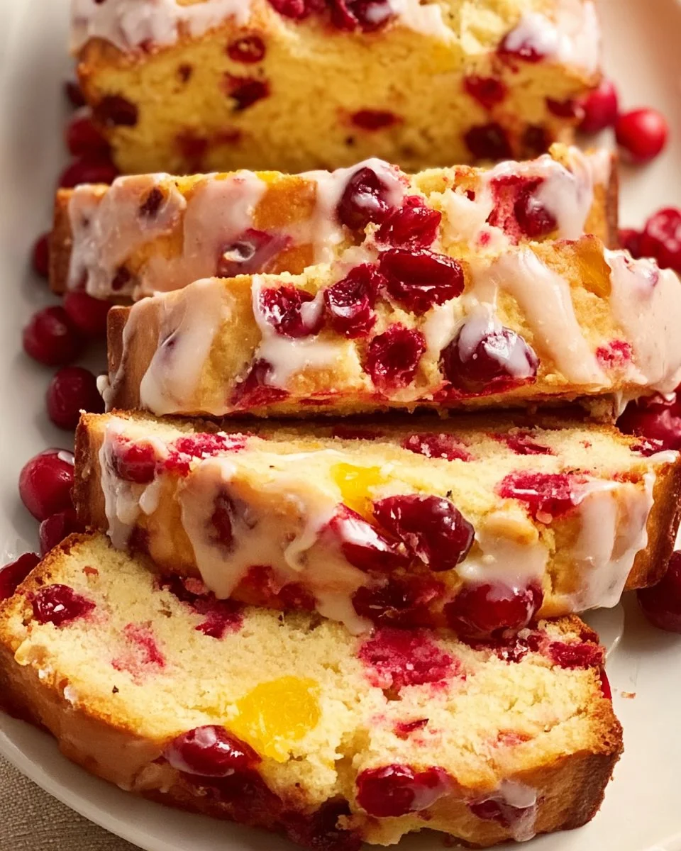 Loaf of homemade cranberry orange bread with a shiny orange glaze